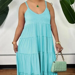Sleeveless Tiered Maxi Dress in Light Aqua
